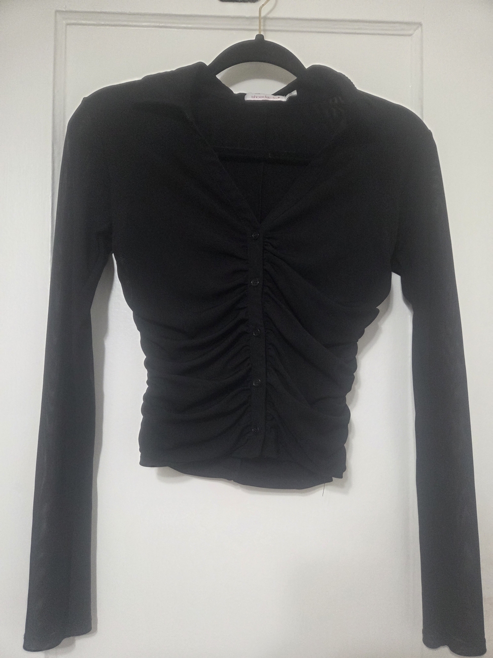 Black Ruched Long-Sleeve Mesh Top